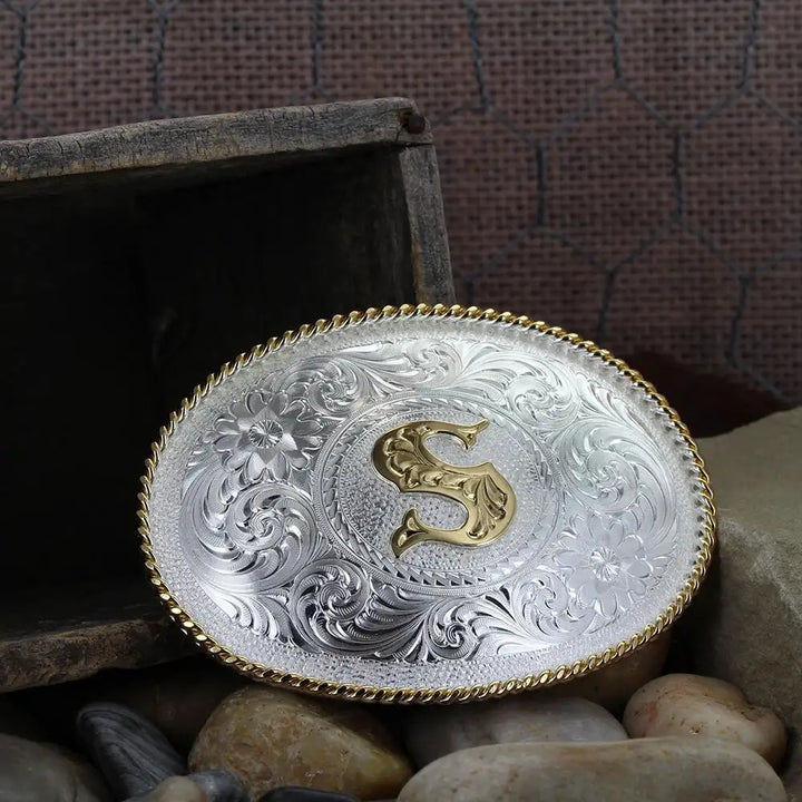 Montana Silversmiths Initial S Silver Engraved Gold Trim Western Belt Buckle