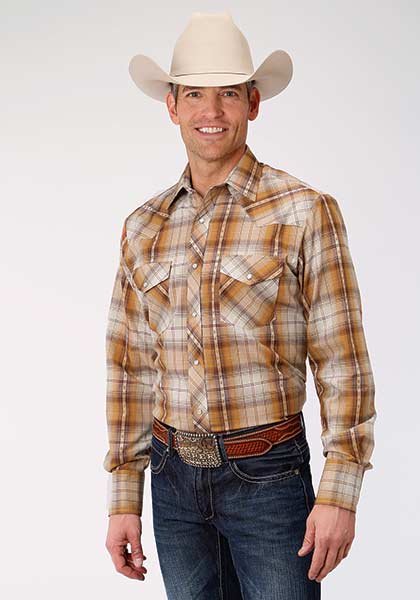 Roper Men's Rust & Cream Plaid Long Sleeve Snap Shirt