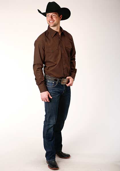 Roper Men's Long Sleeve Snap Solid Black Fill Brown Shirt