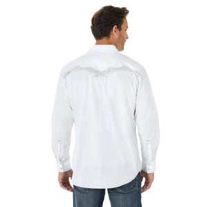 Wrangler Men's Rock 47 Embroidered Solid Western Snap Shirt White