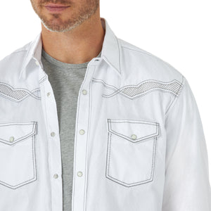 Wrangler Men's Rock 47 Embroidered Solid Western Snap Shirt White