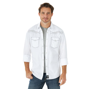 Wrangler Men's Rock 47 Embroidered Solid Western Snap Shirt White