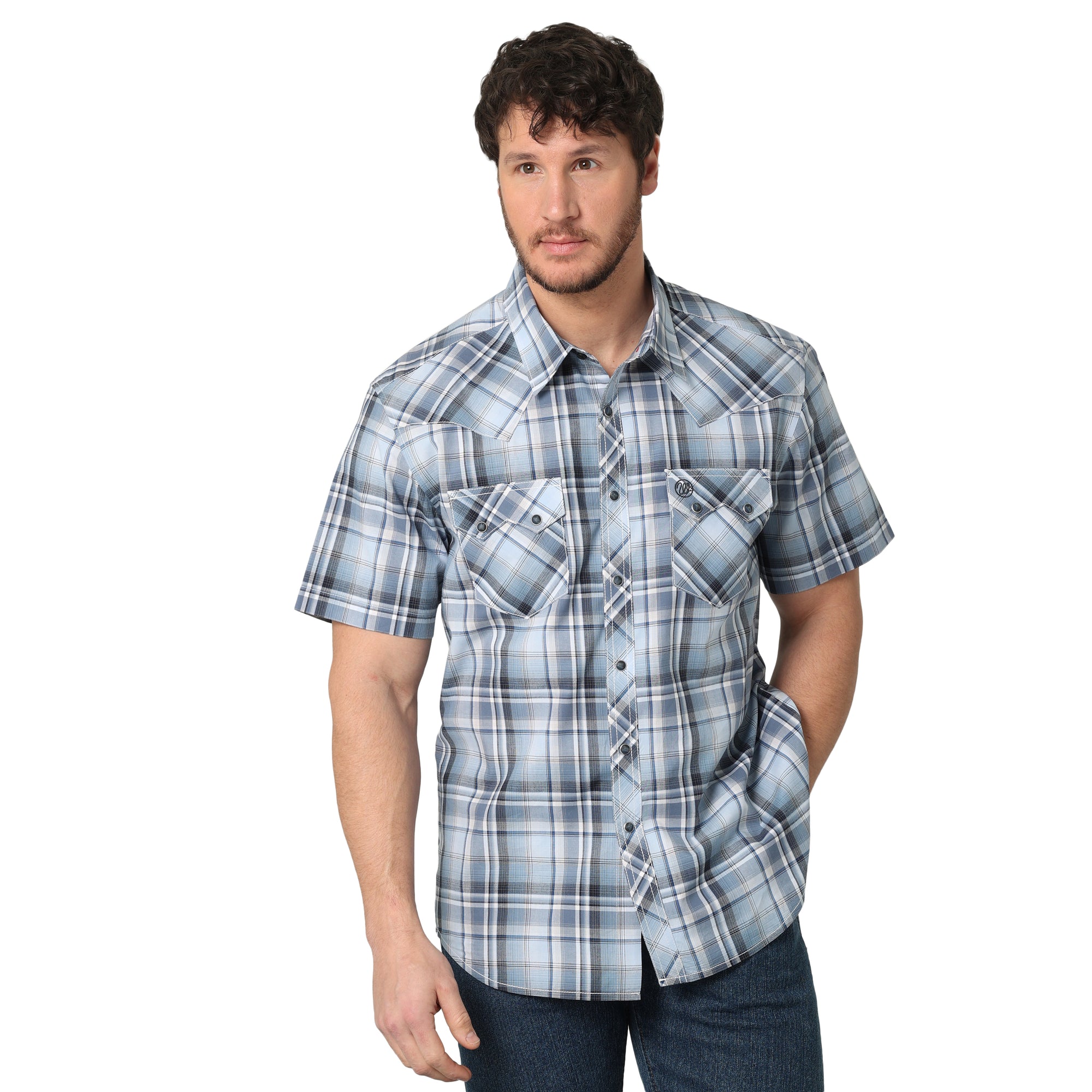 Wrangler Men's Retro Snap Pocket Plaid Shirt Blue Tile