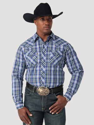 Wrangler Men's Western Fashion Snap Plaid Shirt Sodalite Blue