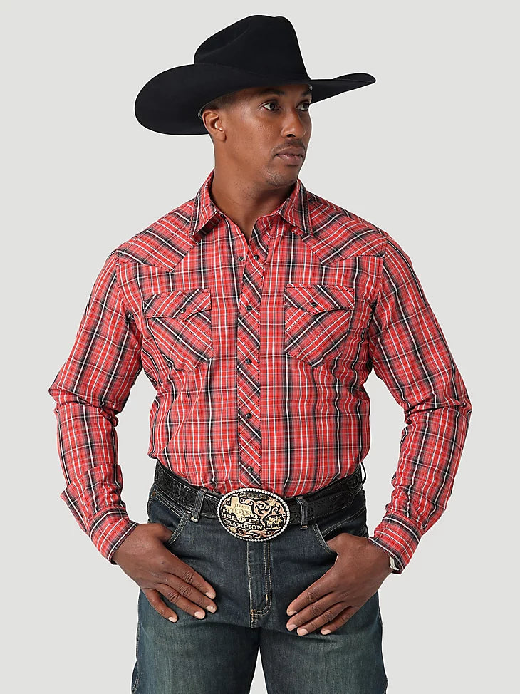 MEN'S LONG SLEEVE FASHION WESTERN SNAP PLAID SHIRT IN MOLTEN RED