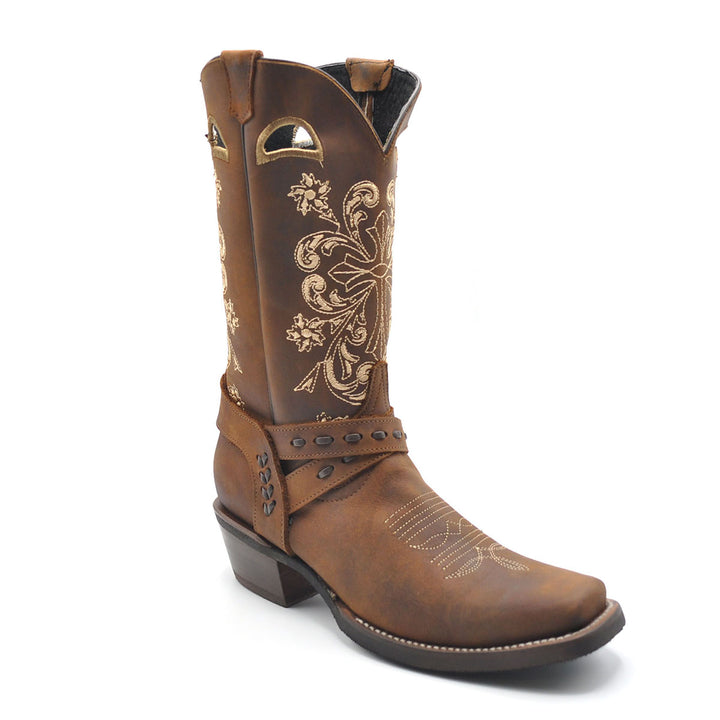 Luma Antonia Women's Dark Brown w/ Cross Embroidery Square Toe Boots