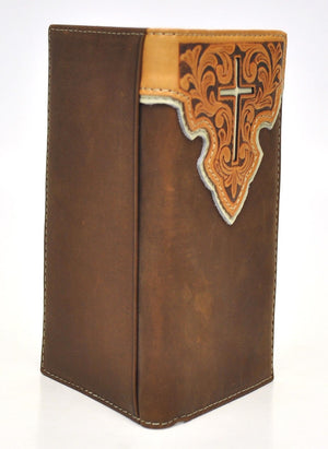 Nocona Tooled Leather Overlay w/ Cross Inlay Brown Rodeo Wallet