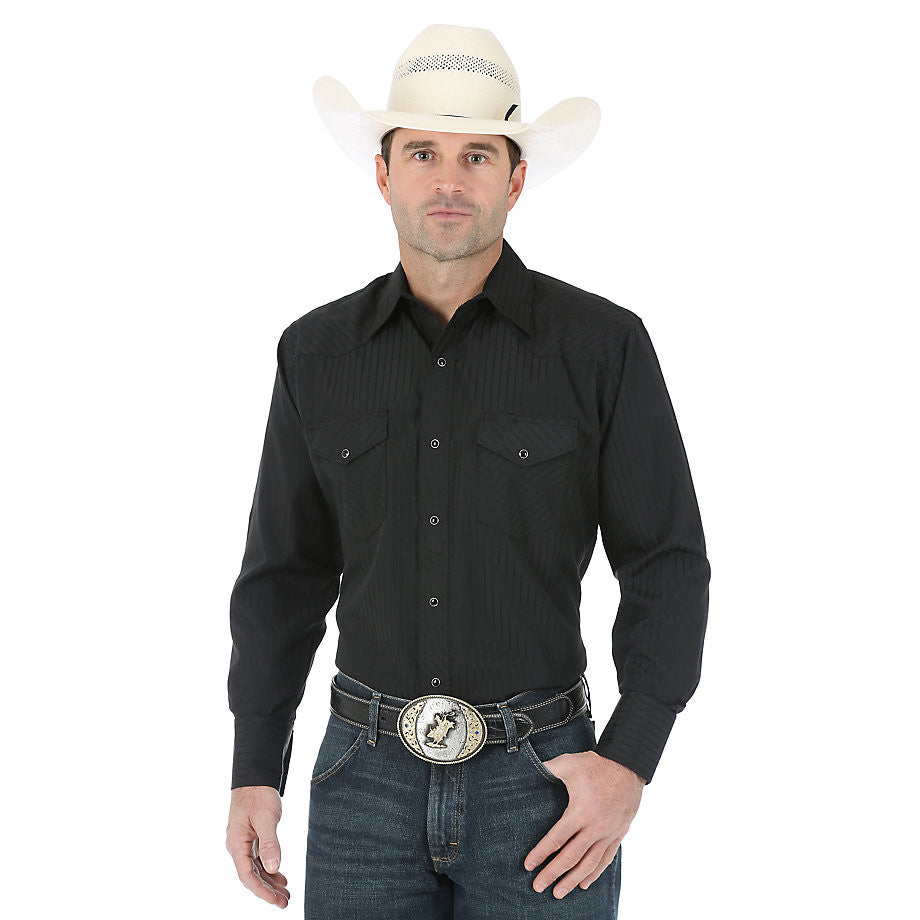 Wrangler Men's Black Dobby Stripe Long Sleeve Western Shirt