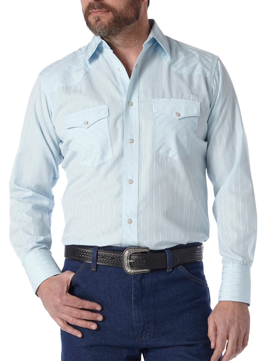 Wrangler Silver Edition Western Snap Long Sleeve Light Blue Shirt