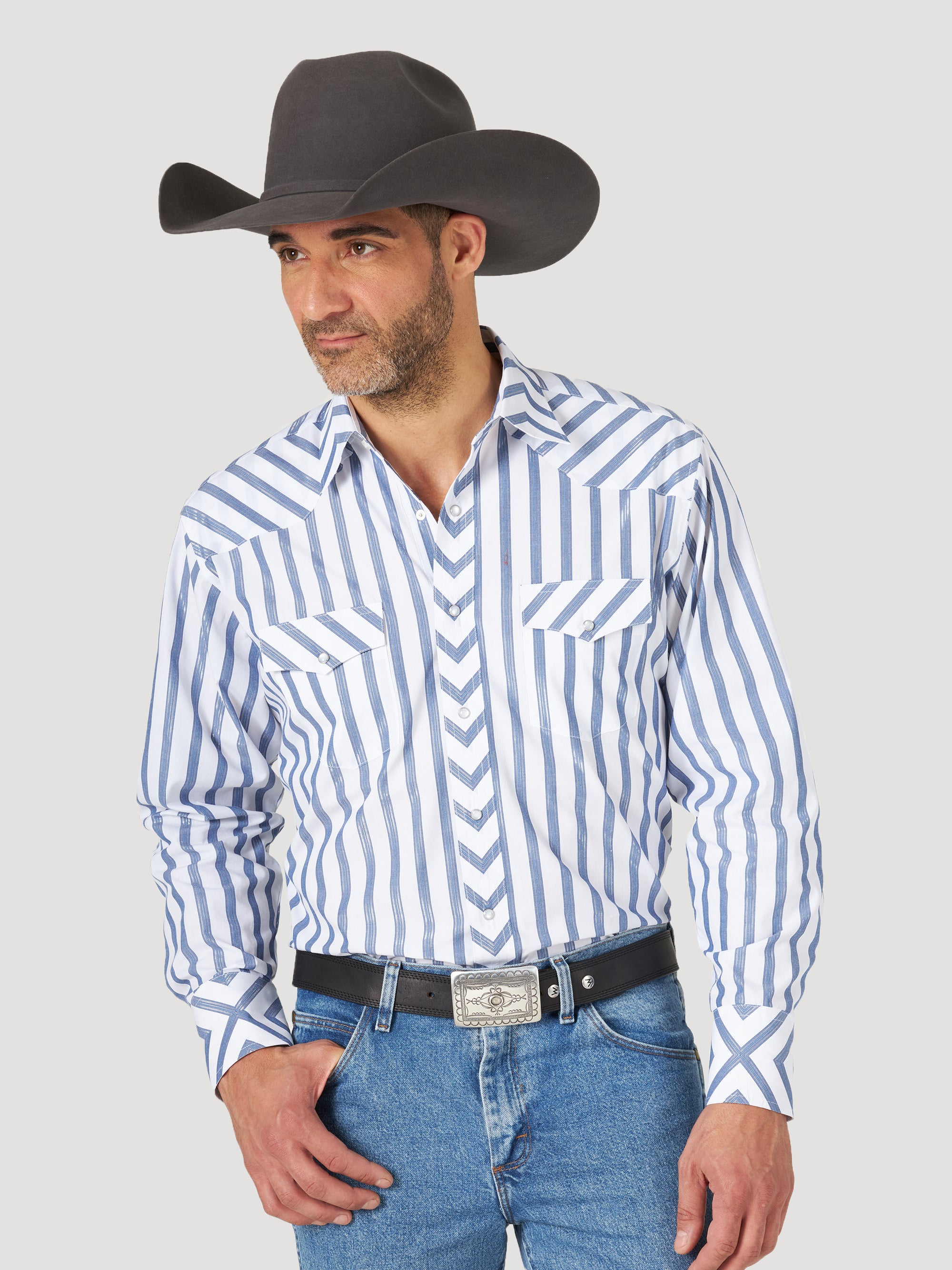 Wrangler Men's Silver Edition Long Sleeve Snap Shirt White Blue