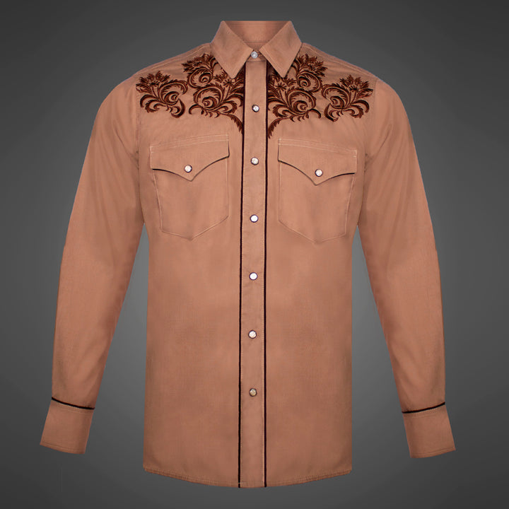 Men's Western 8006 Embroidered Brown Snap Shirt