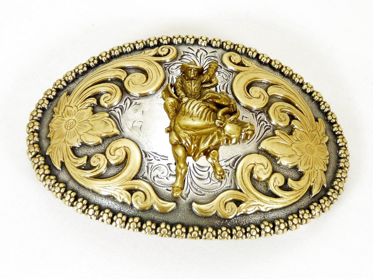 Nocona Oval Bull Rider Antique Silver and Gold Belt Buckle