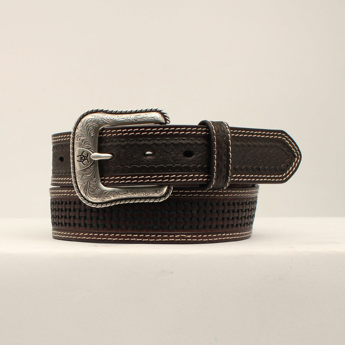 Ariat Men's Basketweave Underlay Leather Belt Brown/Turquoise