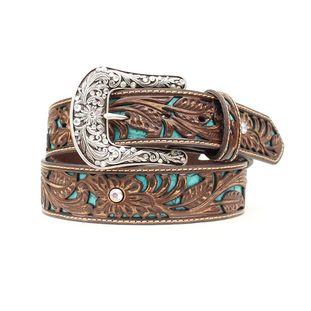 Ariat Women's Tooled Turquoise Leather Inlay Belt Brown Medium
