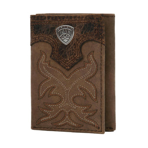 Ariat Logo Concho Boot Stitch Trifold Distressed Brown Leather Wallet