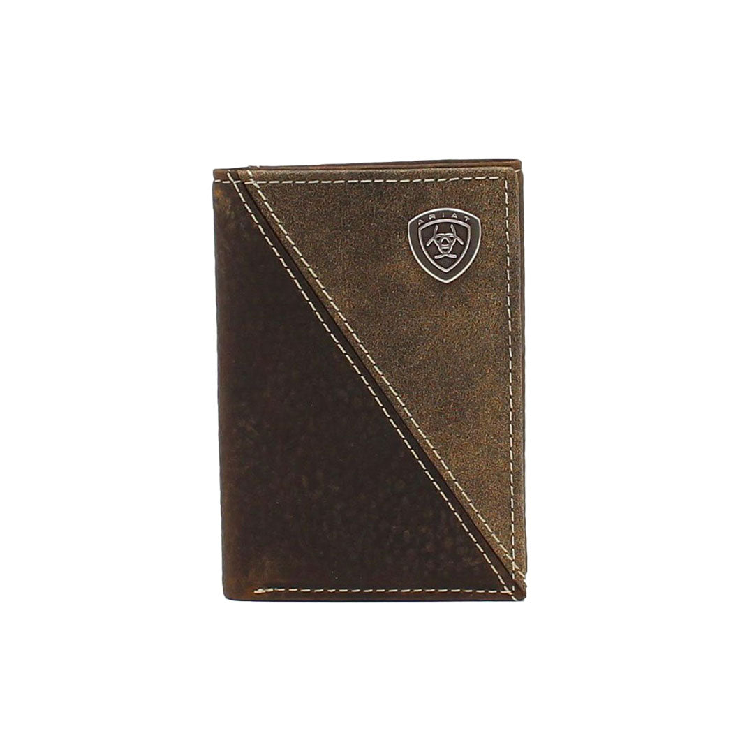 Ariat Diagonal Stitched Brown Leather Trifold Wallet