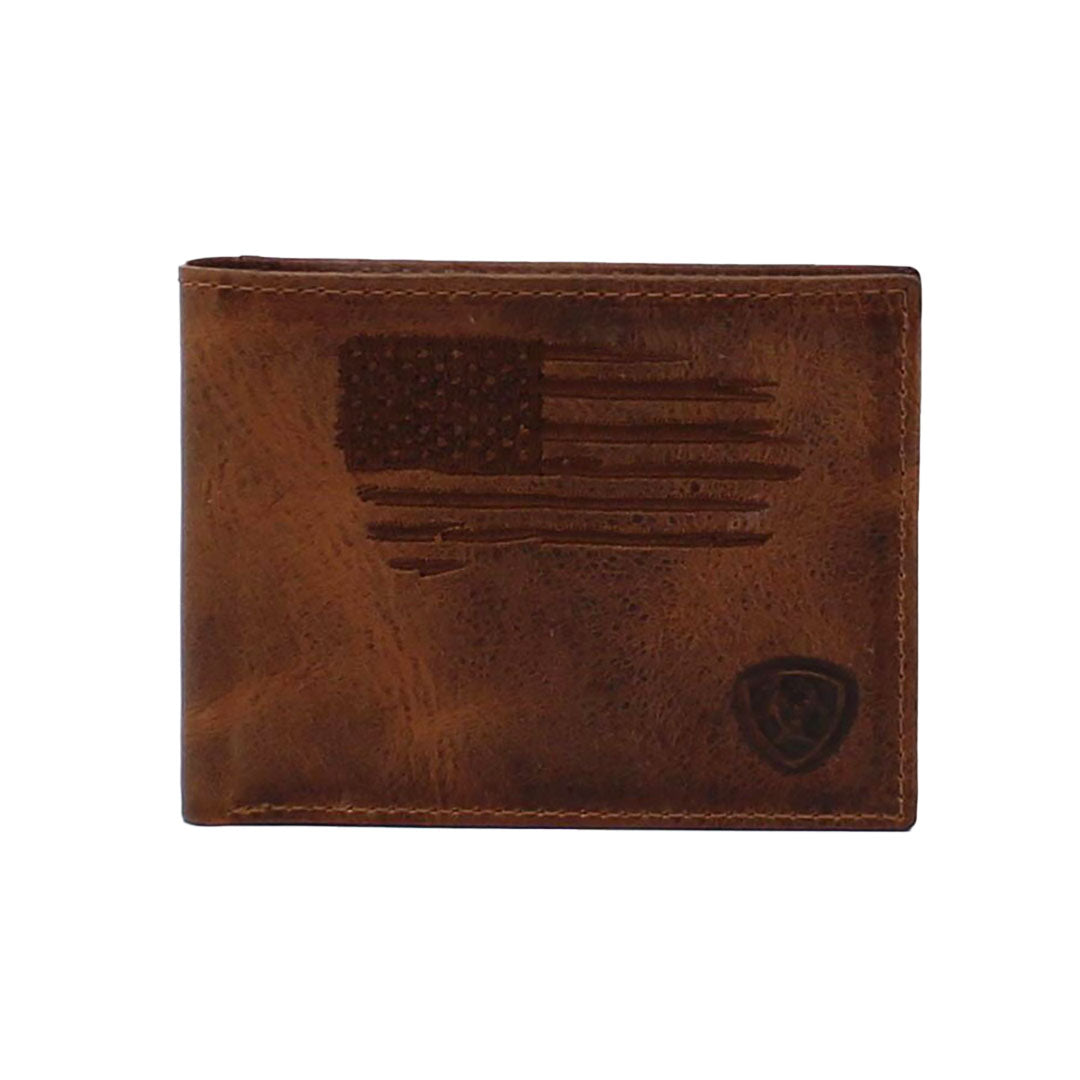 Ariat Stitch USA Flag Shield Logo Distressed Brown Bifold Wallet