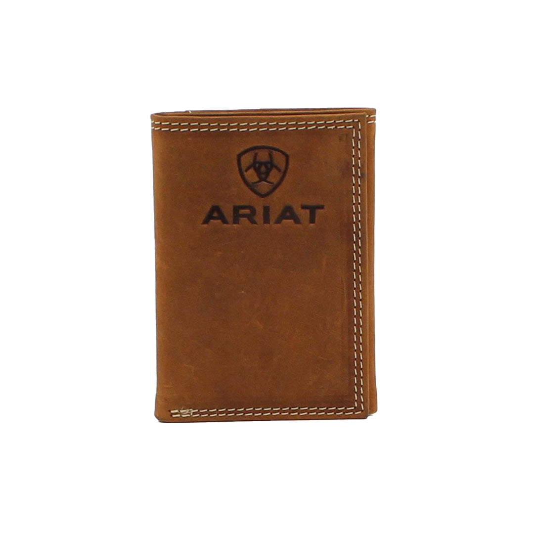 Ariat Men's Embossed Logo Medium Brown Trifold Wallet