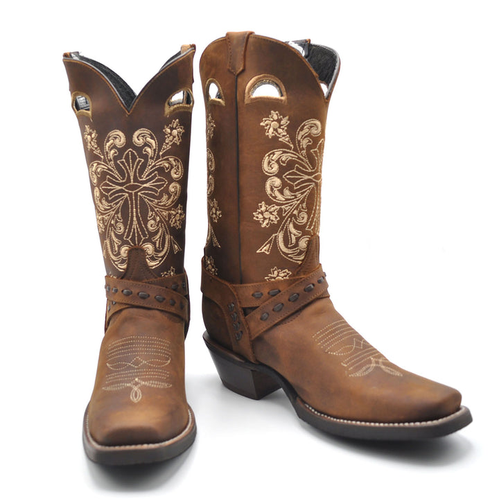 Luma Antonia Women's Dark Brown w/ Cross Embroidery Square Toe Boots