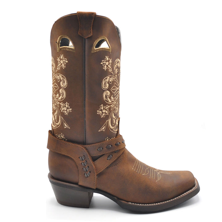 Luma Antonia Women's Dark Brown w/ Cross Embroidery Square Toe Boots