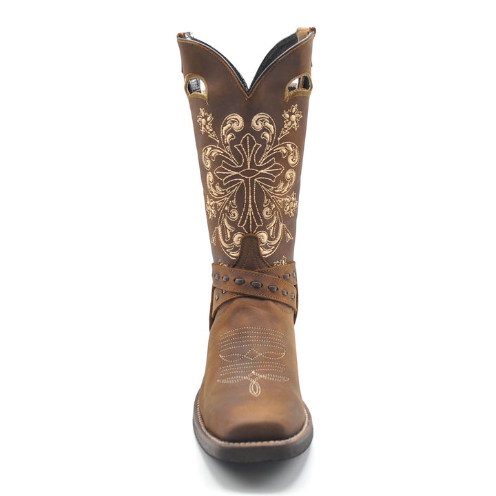 Luma Antonia Women's Dark Brown w/ Cross Embroidery Square Toe Boots