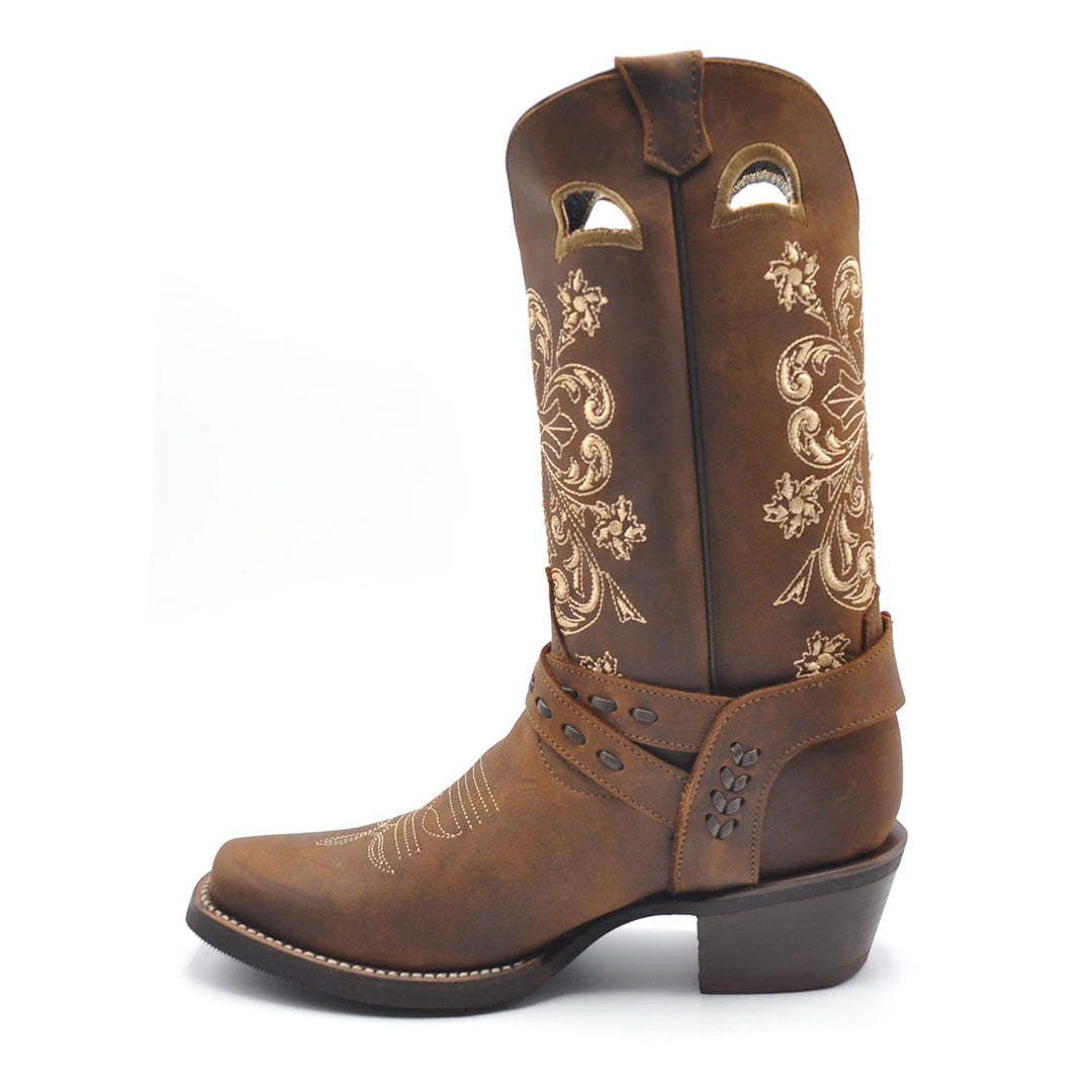 Luma Antonia Women's Dark Brown w/ Cross Embroidery Square Toe Boots