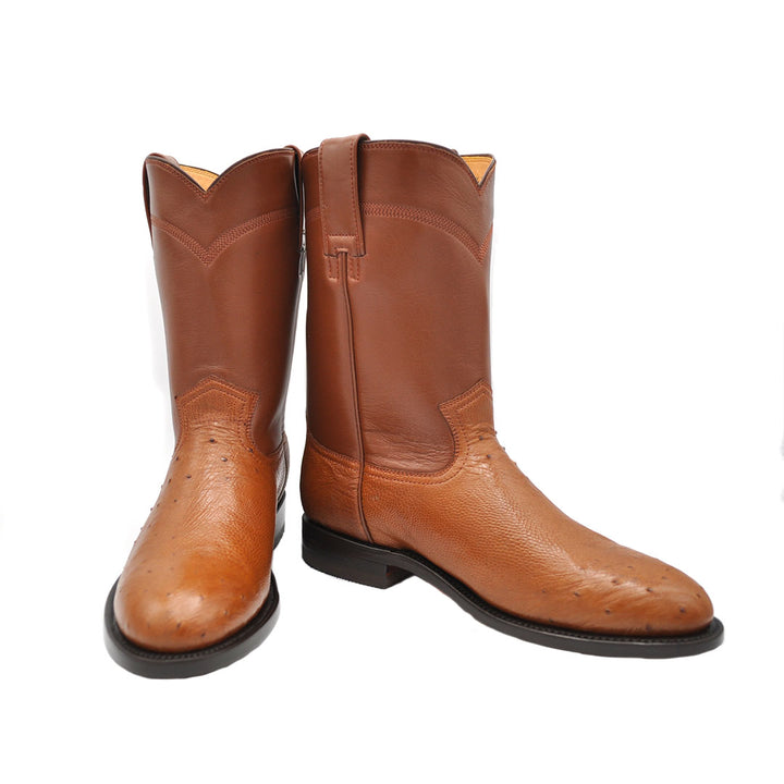 Gavel Men's Galveston Smooth Ostrich Roper Boots - Cognac