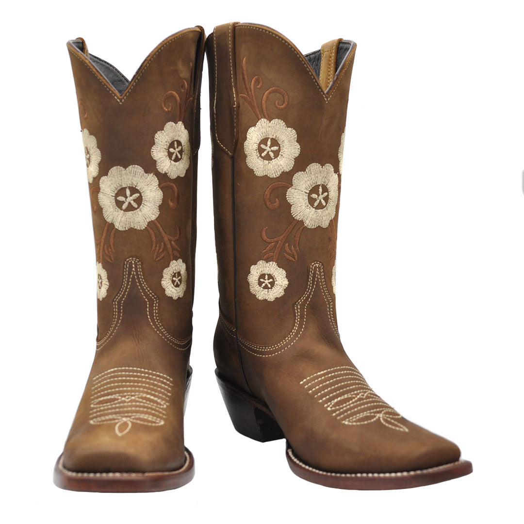 Luma Frida Women's Brown w/ Cream Embroidery Square Toe Western Boots