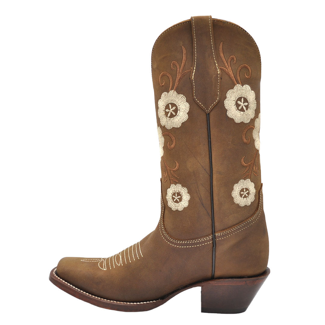 Luma Frida Women's Brown w/ Cream Embroidery Square Toe Western Boots