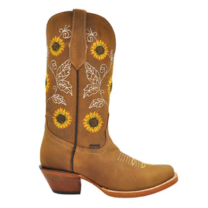 Luma Andrea Women's Sunflower Embroidery Tan Square Toe Western Boots