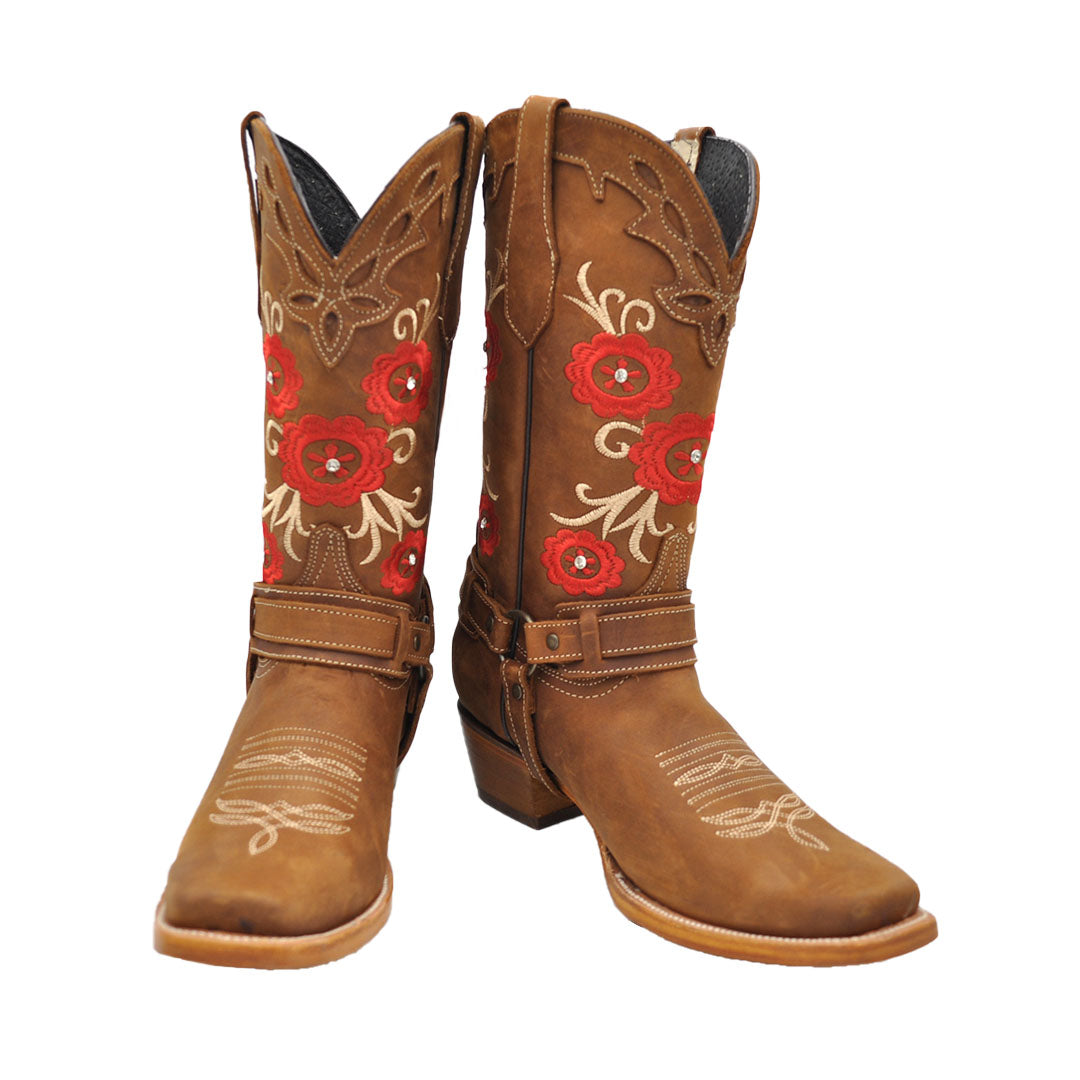 cinta la carretera clon Luma Women's Red Roses Square Toe Western Brown Boots - Gavel Western Wear