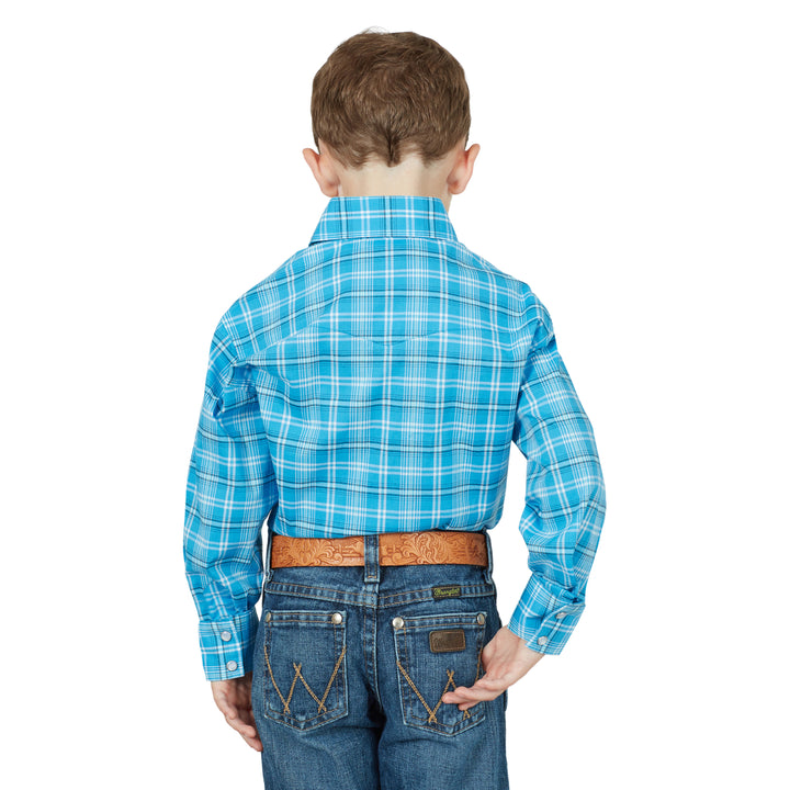 Wrangler Boy's Wrinkle Resist Long Sleeve Snap Shirt Blue