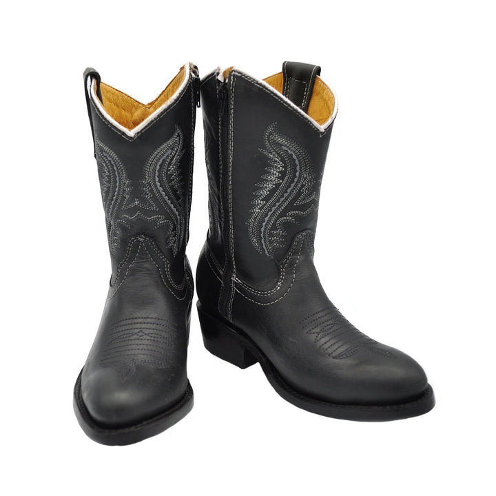 Junior Kid's Round Toe Black Western Boots