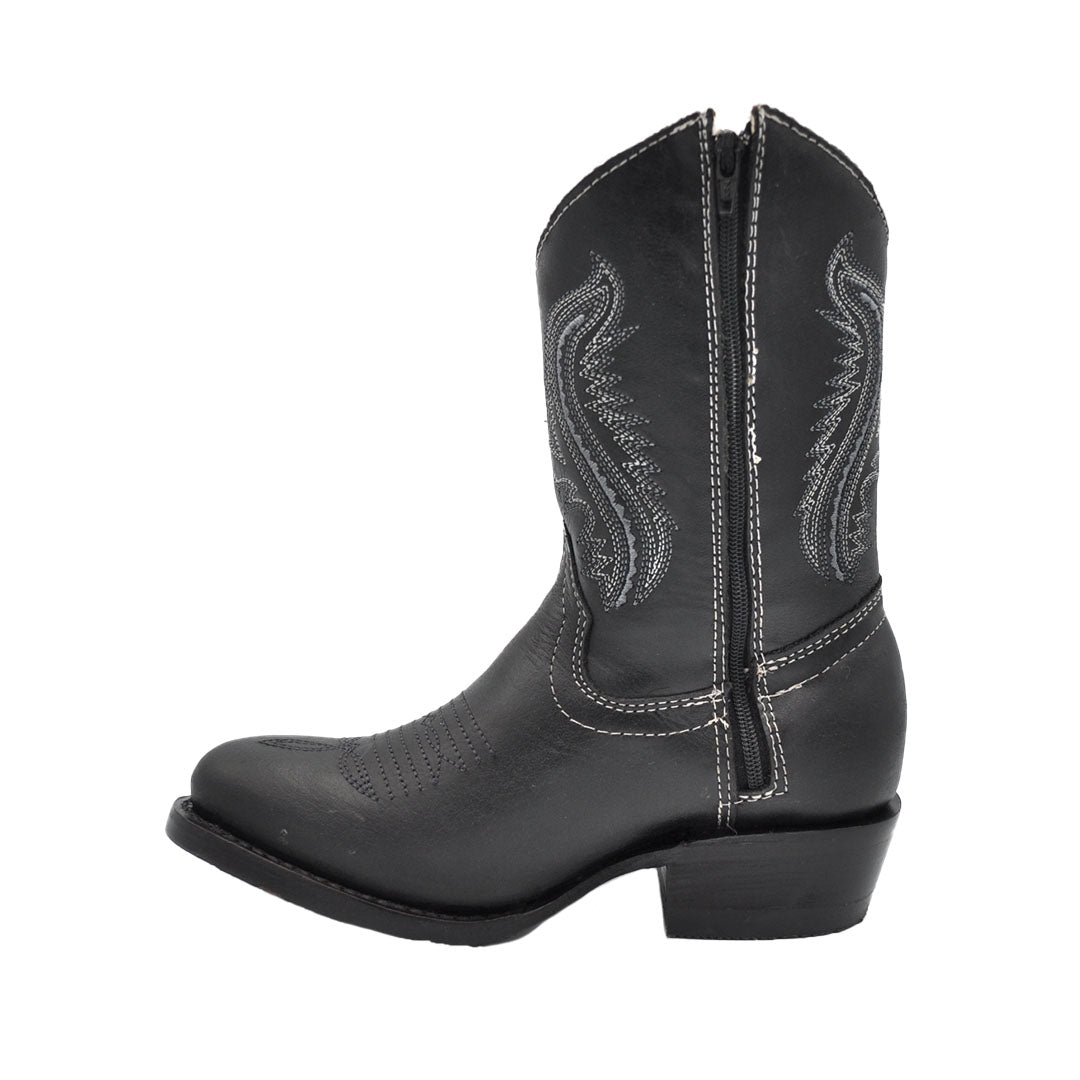 Junior Kid's Round Toe Black Western Boots