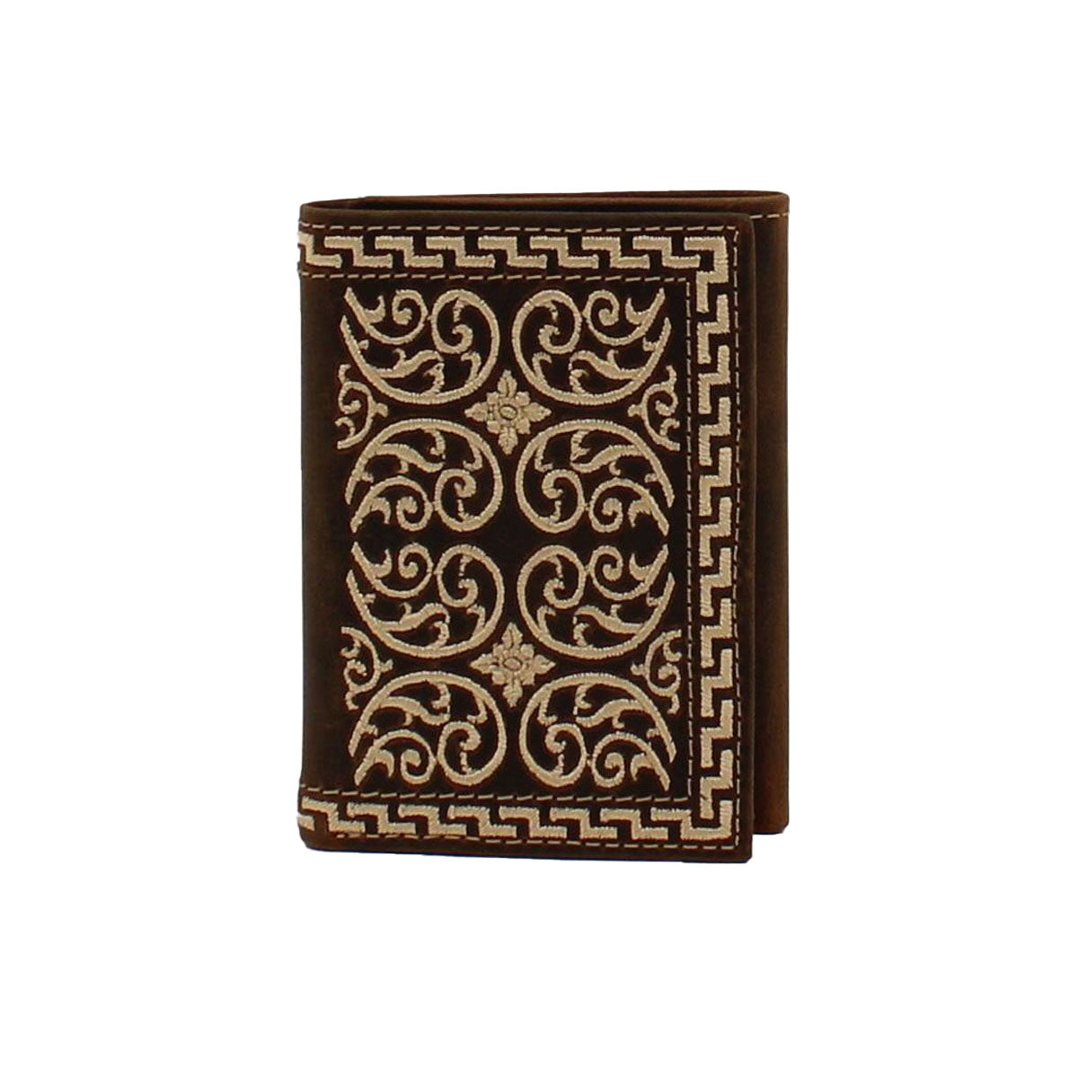 Nocona Cream Embroidered Brown Trifold Wallet
