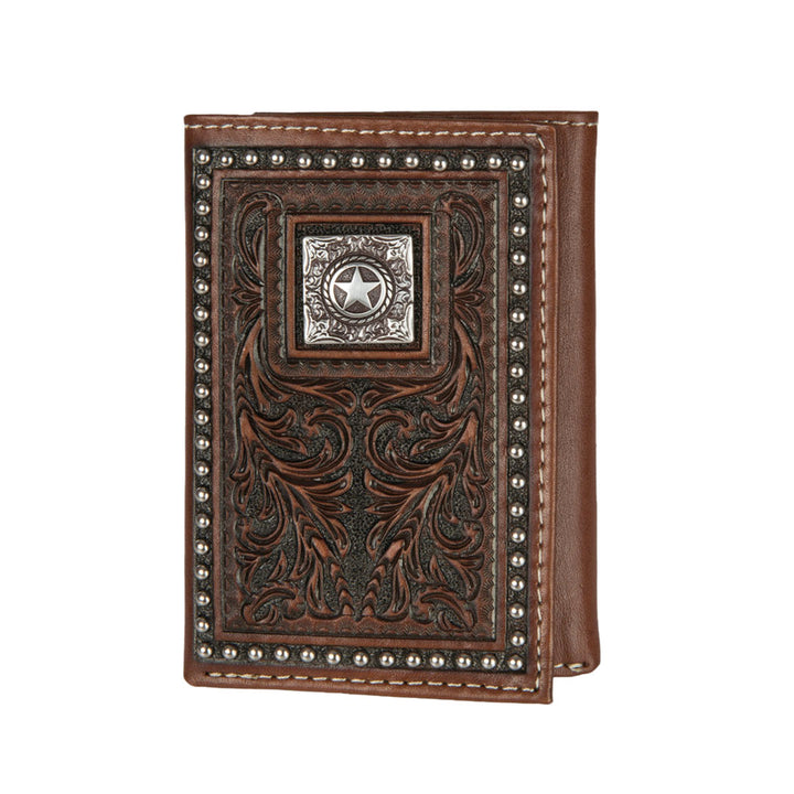 Nocona Tooled Leather Star Concho Brown Trifold Wallet