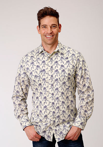 Roper Men's Cream & Navy Vintage Floral Print Shirt