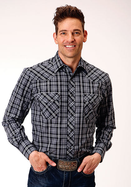 Roper Men's Grey, Black & White Plaid Shirt