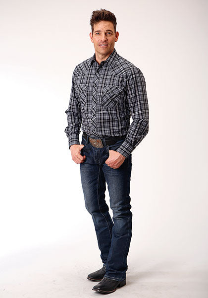 Roper Men's Grey, Black & White Plaid Shirt