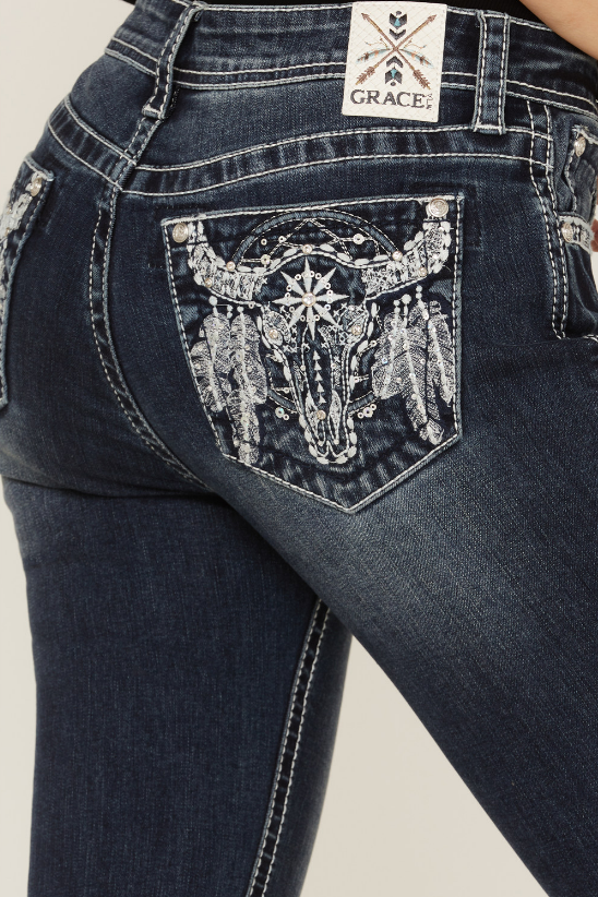 Grace in LA Sequin Steer Skull Bootcut Jeans