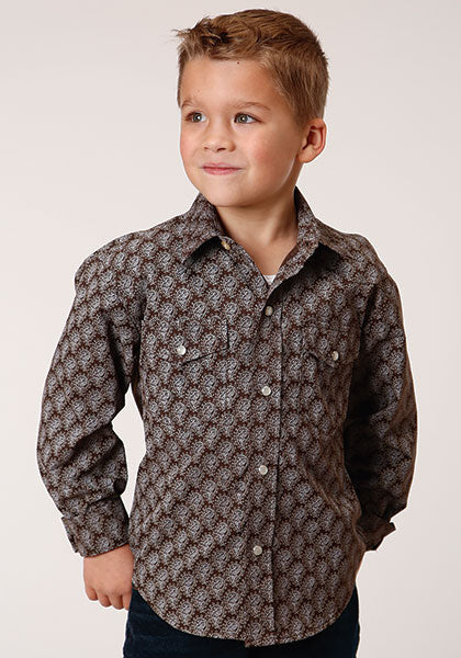 Roper Boy's Long Sleeve Chocolate/Cream Print Snap Shirt