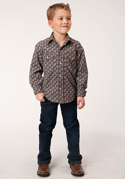 Roper Boy's Long Sleeve Chocolate/Cream Print Snap Shirt