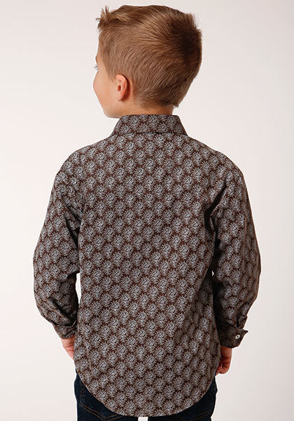 Roper Boy's Long Sleeve Chocolate/Cream Print Snap Shirt