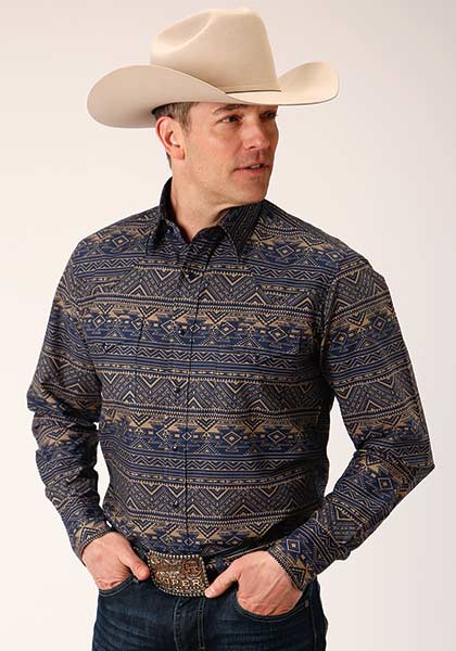 Roper Men's Long Sleeve Navy Aztec Print Snap Shirt