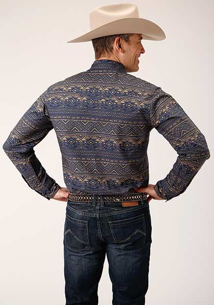 Roper Men's Long Sleeve Navy Aztec Print Snap Shirt